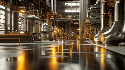 A modern industrial interior showcasing machinery and pipes in a well-lit environment.