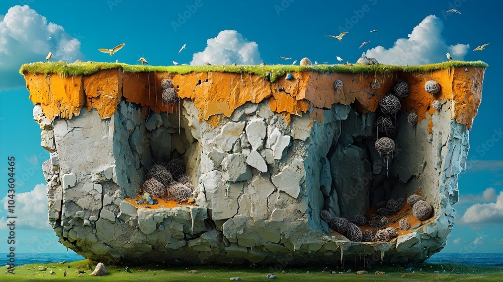 Poster Detailed cross section of a rugged weathered coastal cliff revealing intricate erosion patterns layered rock strata and seabird nests nestled in the crevices