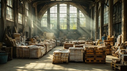 Sunbeams illuminate a large warehouse space filled with stacked cardboard boxes on wooden pallets.