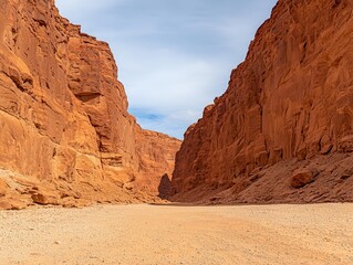 Fototapeta premium A scenic view of a narrow canyon with towering red rock formations and a sandy floor under a blue sky.