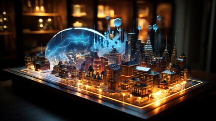 Night time cityscape of big city view background with Research and development theme drawing hologram