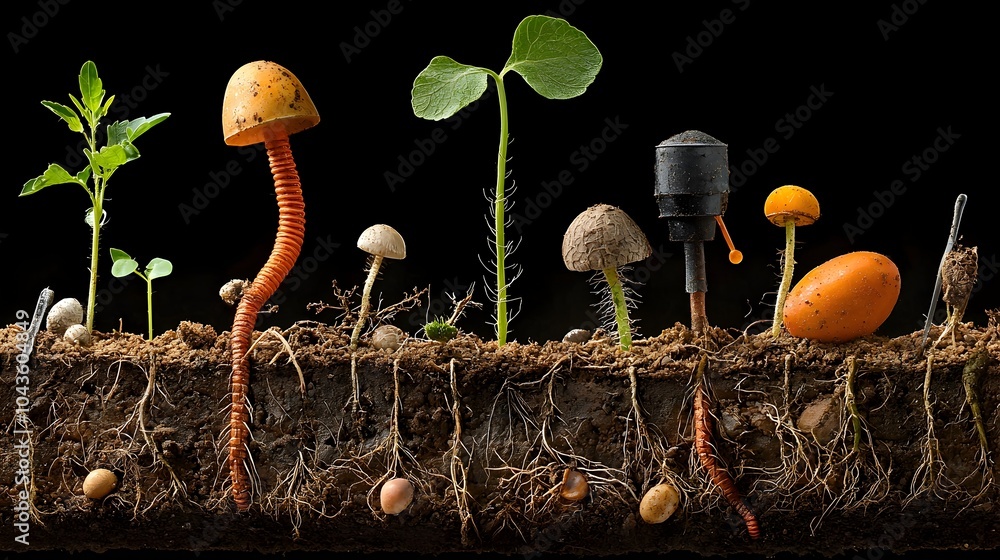 Aufkleber detailed cross section of a suburban garden showcasing the diverse ecosystem found beneath the soil 