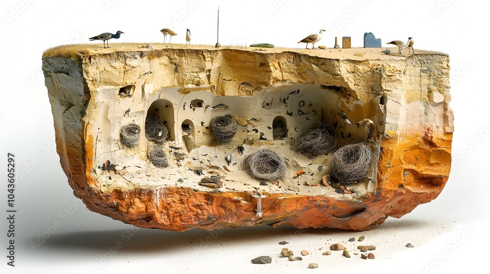 Aufkleber detailed cross section of coastal cliff reveals intricate erosion patterns rock strata and seabird n