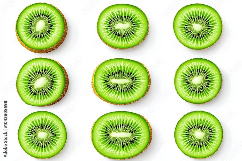Poster sliced kiwifruit arranged in a grid on a white isolate background.