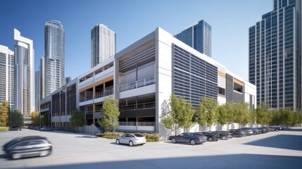 Obraz premium A modern parking structure in an urban setting, surrounded by skyscrapers.