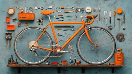 Detailed cross section showcasing the interior layout and assortment of a well equipped bicycle repair shop with a layered display of repair tools cycling accessories and various bicycle models