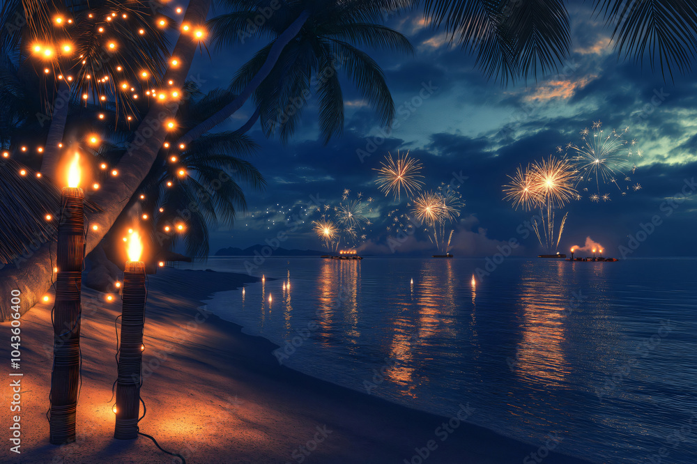 Fototapete tropical beach with torches and string lights illuminating palm trees and fireworks exploding over t
