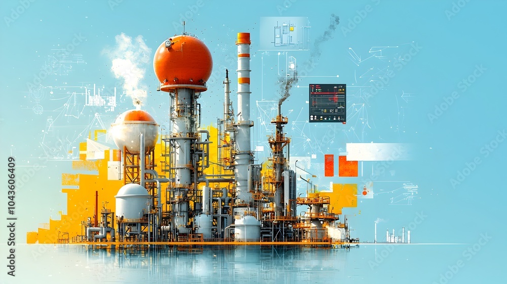 Poster Detailed cross section showcasing the intricate layout and technology driven components of an advanced chemical manufacturing facility including pipelines reactors