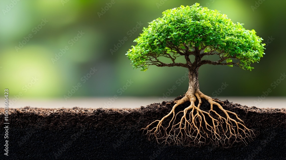 Poster Detailed Cross Section Showcasing the Intricate Root System of a Potted Bonsai Tree Intertwined Through the Soil in a Naturalistic Organic Design