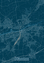 Map of Hamm, Germany, rendered in a minimalist style. The map features a dark blue background with white lines representing roads, streets, and waterways.