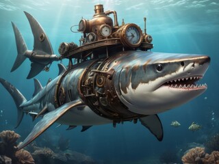 Obraz premium Shark in steampunk style, illustration, art.