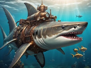 Obraz premium Shark in steampunk style, illustration, art.