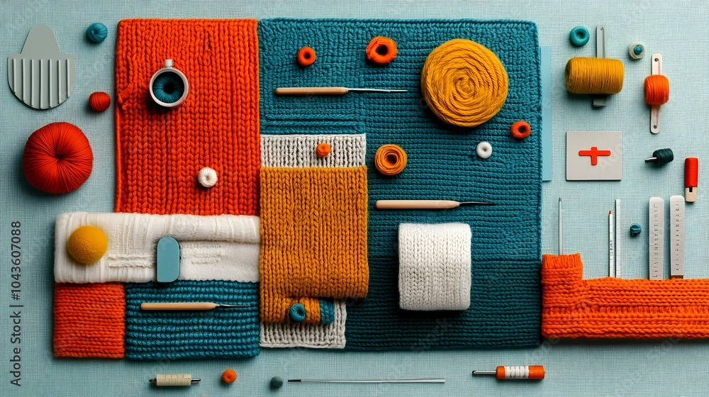 Poster Detailed cross section view of a comprehensive knitting kit showcasing the various layers of essential components like yarn needles