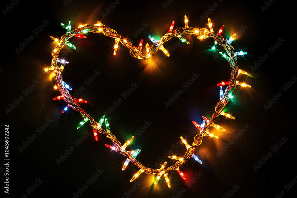 Poster string of colorful christmas lights is forming a heart shape on a black background, creating a festi