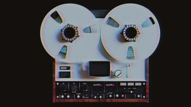 Vintage reel-to-reel tape recorder with two large pink spools against a dark background. The image captures the nostalgic essence of analog audio technology, highlighting the machine's classic design