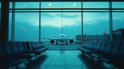 Sitting in airport waiting area with blue chairs and large windows overlooking airplane. A serene moment of anticipation and travel