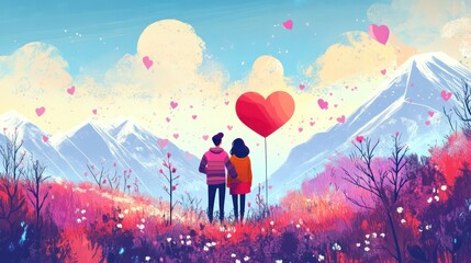 Obraz premium Valentine's Day surprise trip illustrations, couple enjoying a surprise getaway, creating unforgettable memories on Valentine's Day