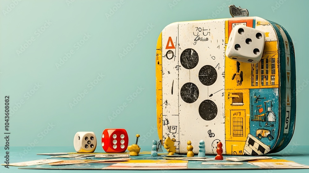 Aufkleber Detailed Cross Section View of a Layered Board Game Composition Featuring Dice Playing Cards and Game Pieces Arranged on Multiple Levels for Strategic Gameplay and Entertainment