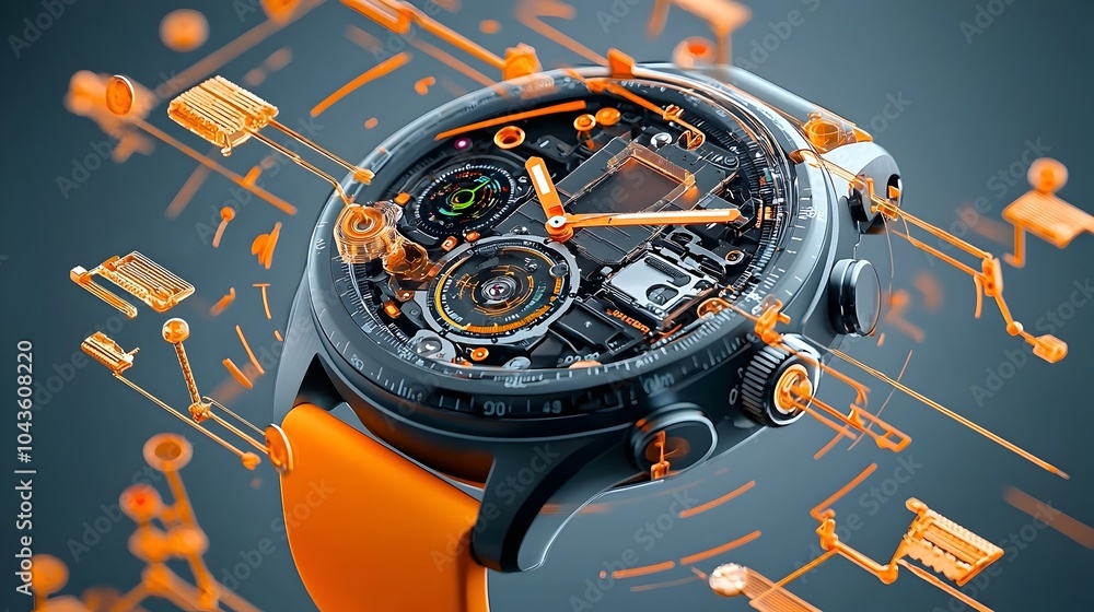 Poster detailed cross section view of a layered smartwatch design showcasing the internal components like s