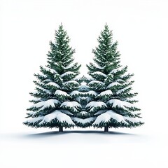 Obraz premium Two snow-covered evergreen trees on a white isolated background.
