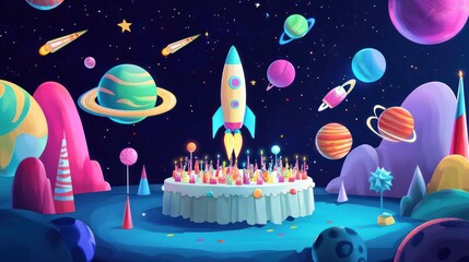 Space-themed birthday illustrations, exciting space-themed birthday party with decorations of planets and rockets