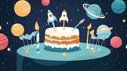 Space-themed birthday illustrations, exciting space-themed birthday party with decorations of planets and rockets