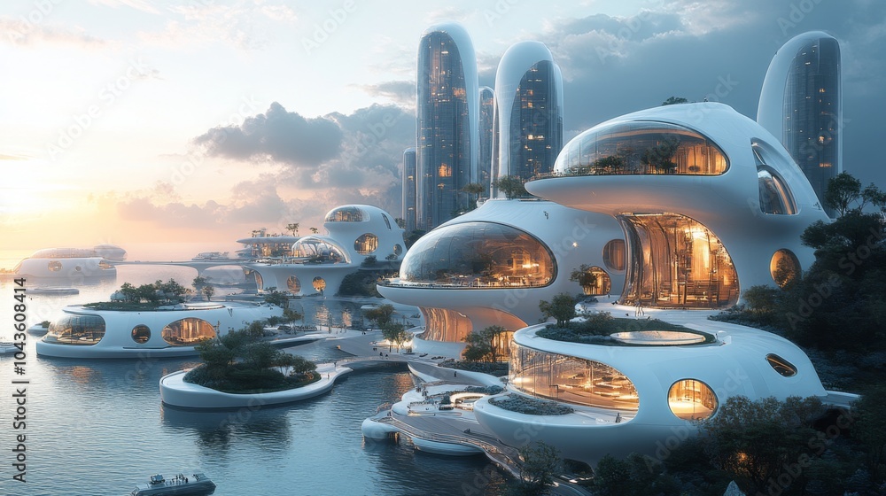 Poster unique buildings with organic designs line the waterfront, reflecting the twilight sky. soft lights 