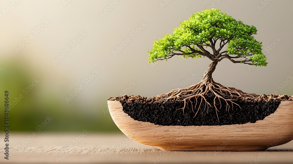 Poster detailed cross section view of a potted bonsai tree revealing the intricate network of roots intertw