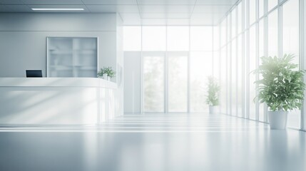 Fototapeta premium Modern reception area with large windows and plants, creating a bright, inviting atmosphere.