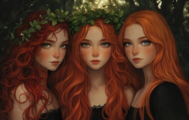 Obraz premium Three beautiful red-haired women with long, curly hair, green eyes, and ivy wreaths on their heads, wearing green