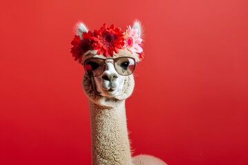 Naklejka premium Trendy alpaca wears floral crown and sunglasses on red background