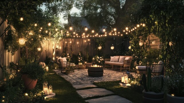 Small backyard wedding illustrations, cozy outdoor wedding with personal touches, surrounded by greenery and lights
