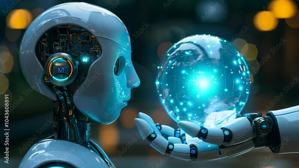 Poster A mesmerizing encounter unfolds as a robot gazes intently at a radiant orb that transmits vital information. The interaction highlights the fusion of technology and intelligence.