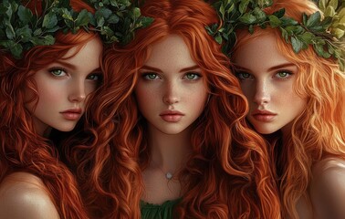 Obraz premium Three beautiful red-haired women with long, curly hair, green eyes, and ivy wreaths on their heads, wearing green