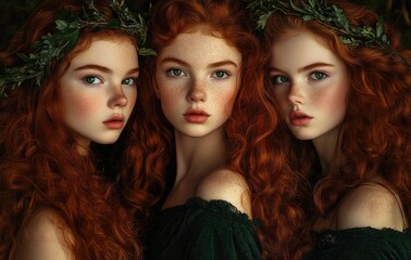 Naklejka premium Three beautiful red-haired women with long, curly hair, green eyes, and ivy wreaths on their heads, wearing green