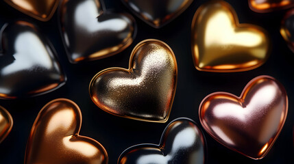 Fototapeta premium Shiny Metallic Heart Shapes Layered on Black Background, Evoking Elegance and Depth