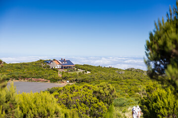 Top view from the path leading Pico Ruivo down to the parking lot. Madeira island, Portugal