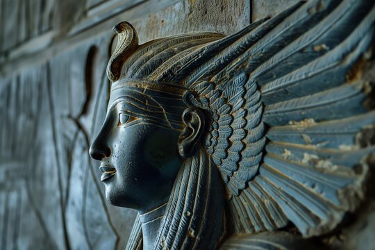 Profile view of an ancient Egyptian goddess Anuket stone relief sculpture with feather headdress