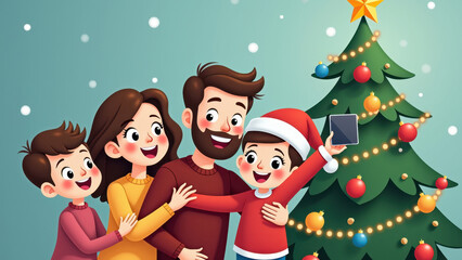 Fototapeta premium Happy family celebrating Christmas with a decorated tree and gifts, capturing a festive selfie in a snowy setting.