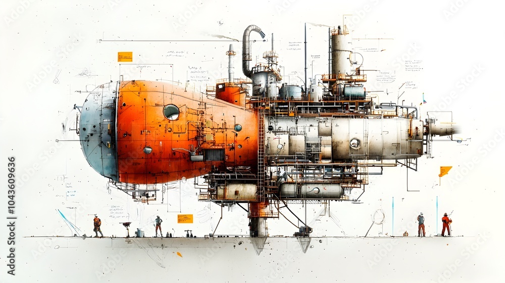 Poster detailed cross section view of an oil refinery complex showcasing the intricate network of pipes tan
