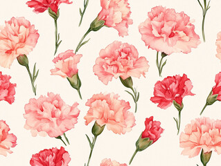 seamless pattern of pink and red carnations on light background creates vibrant and elegant floral design. delicate petals and green stems add touch of natures beauty
