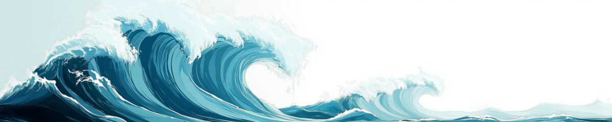 A panoramic illustration showcasing turbulent sea waves breaking against a pristine white backdrop. For tsunami waves and ocean tide themes.
