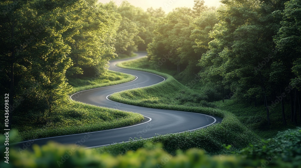 Aufkleber a winding road through a forest with trees on both sides
