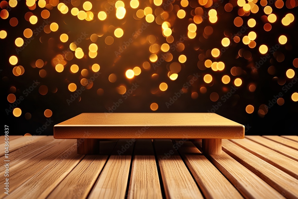 Poster wooden platform on a table with bright bokeh lights in the background, perfect for display.