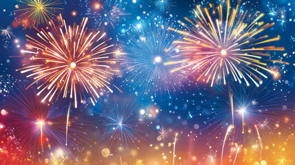 Obraz premium Colorful fireworks bursting over city create vibrant celebration