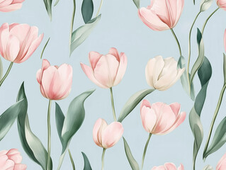 Obraz premium Delicate watercolor tulips in soft pastels are gracefully arranged on pale blue background, creating serene and minimalist floral pattern