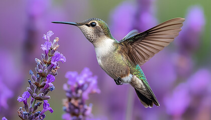 Fototapeta premium Hummingbird hovering, purple flower, iridescent beauty in nature generated by AI