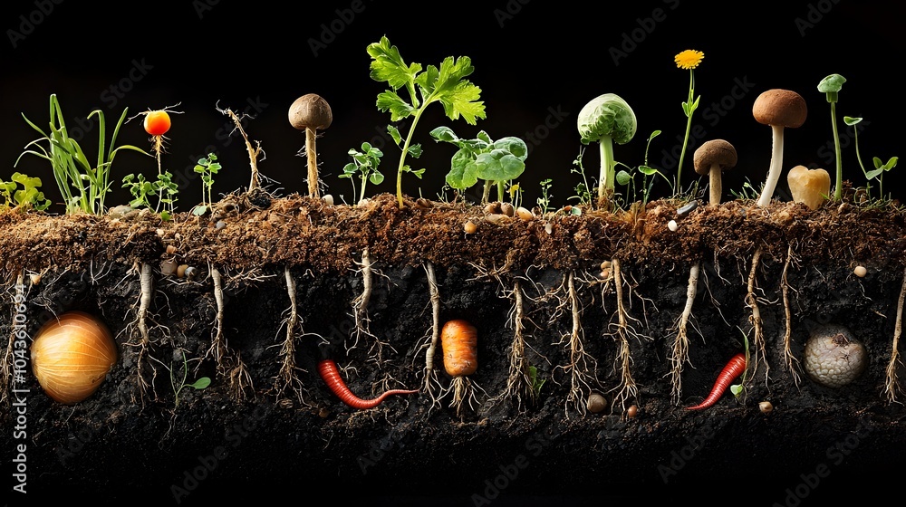 Poster detailed cross sectional showcasing the intricate layers and components of a vibrant garden ecosyste