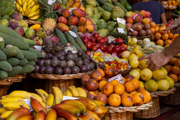 Variety of fruit at the Farmers Market (Mercado dos Lavradores) in Funchal. Madeira island, Portugal