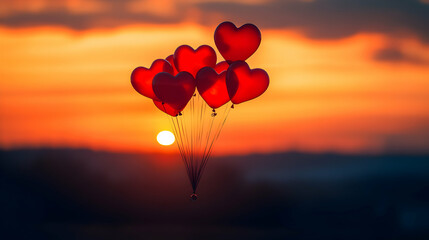 Obraz premium Heart-Shaped Balloons Floating in a Clear Blue Sky at Sunset